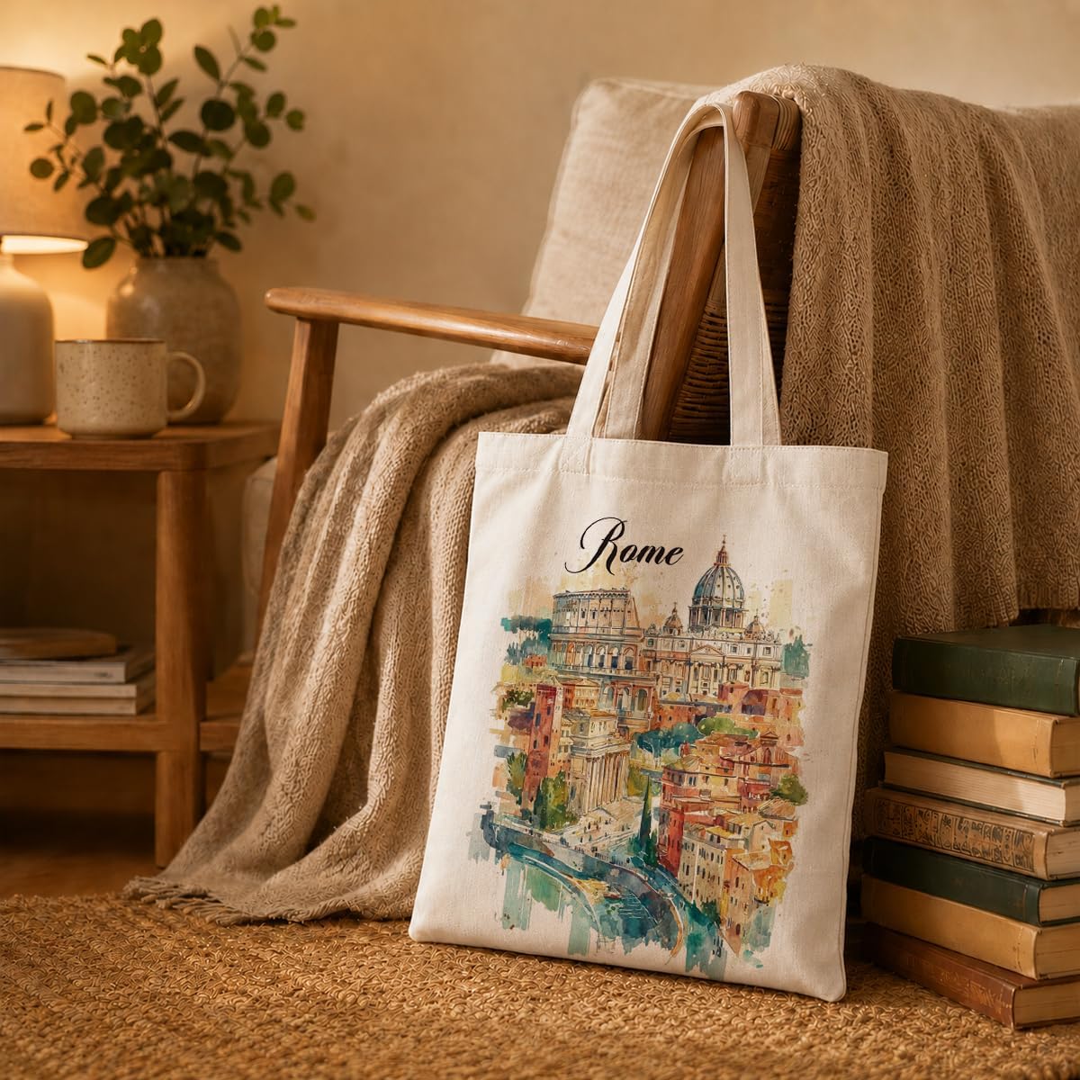Travel Accessories Italy - Rom Aquarell-Leinen-Einkaufstasche mit italienischem Stadtbild-Druck, wiederverwendbare,